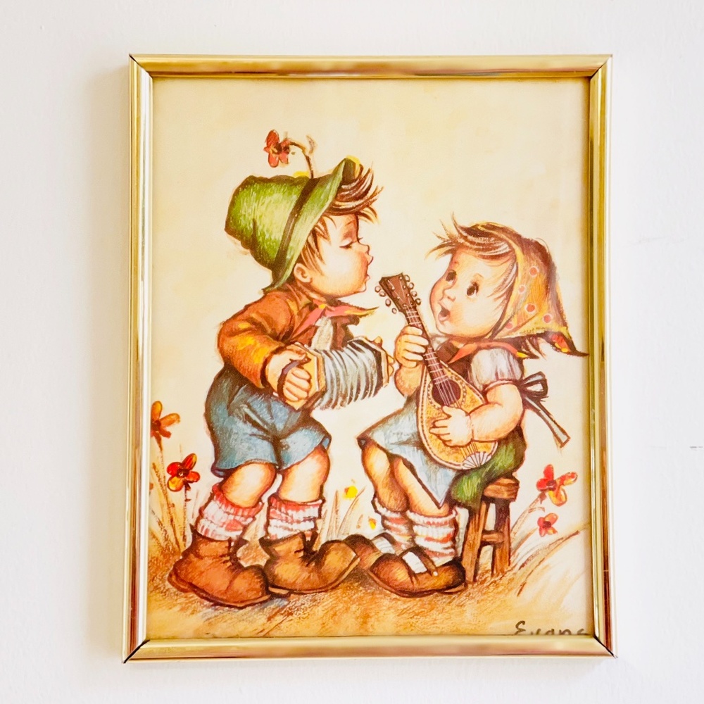Vtg Hummel Children Litho Evans Wall Picture Musical Instrument Boy Girl
